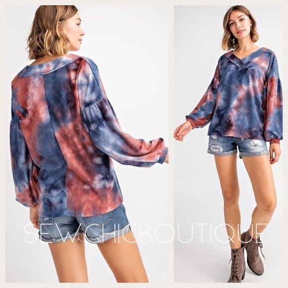 Tie Dye Waffle V-Neck Knit Top w Balloon Slvs - Picture 4 of 8